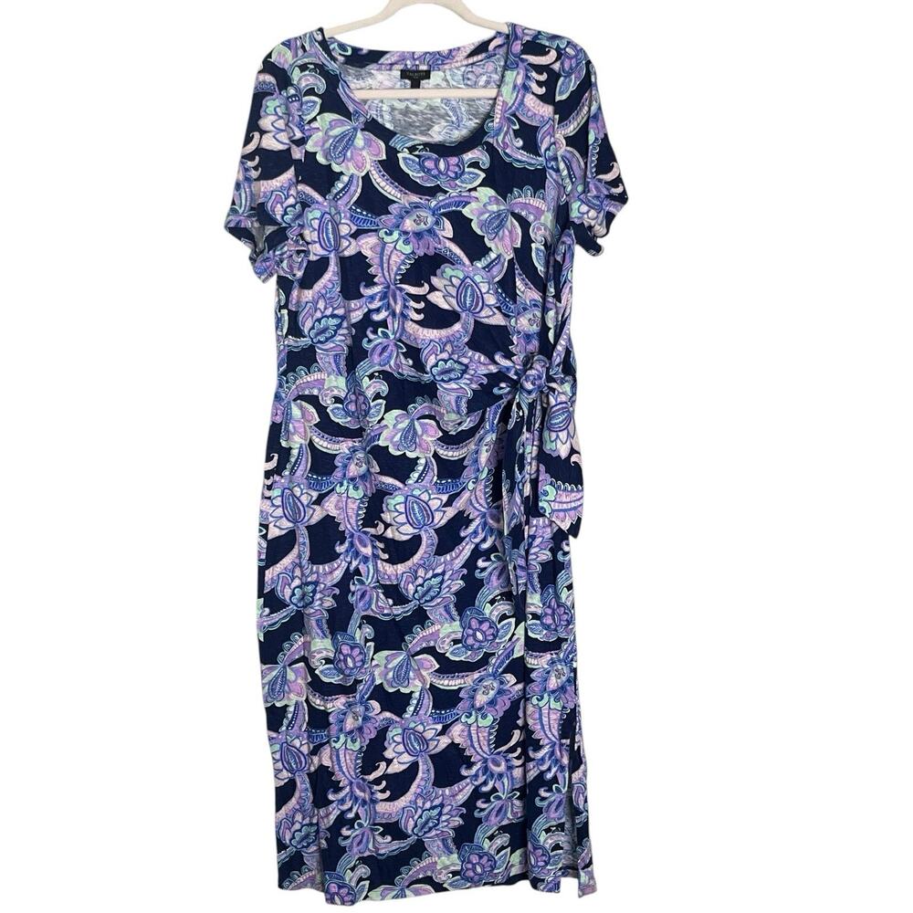 Talbots Plus Midi Dress Size X Nantucket Slub Side Tie Navy Floral 100% Cotton - Picture 2 of 13